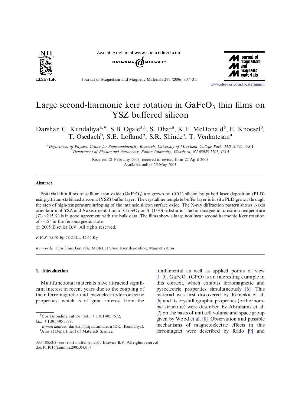 Large second-harmonic kerr rotation in GaFeO3 thin films on YSZ buffered silicon