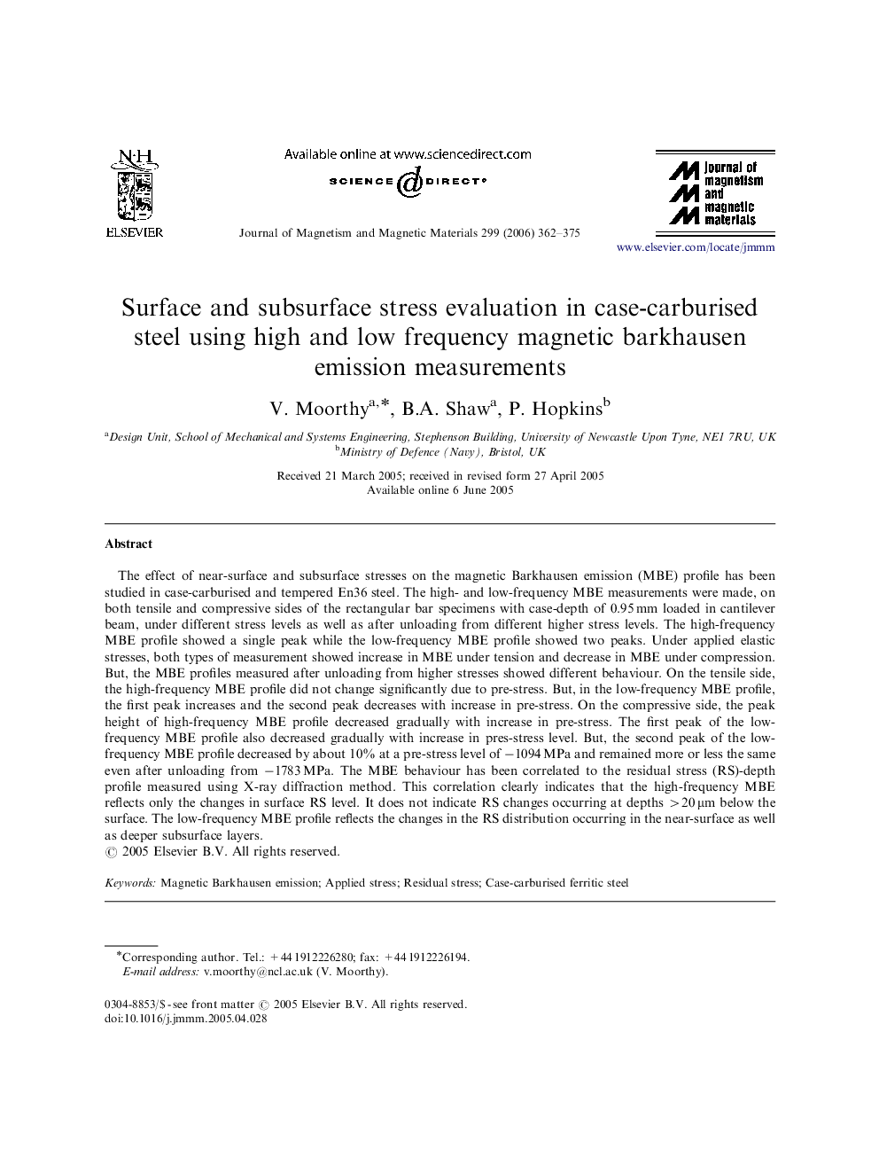 Surface and subsurface stress evaluation in case-carburised steel using high and low frequency magnetic barkhausen emission measurements