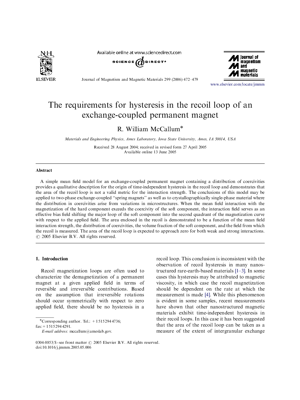 The requirements for hysteresis in the recoil loop of an exchange-coupled permanent magnet