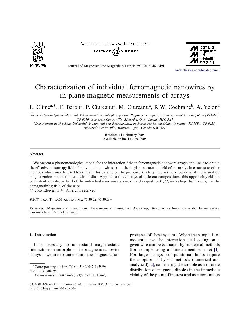 Characterization of individual ferromagnetic nanowires by in-plane magnetic measurements of arrays