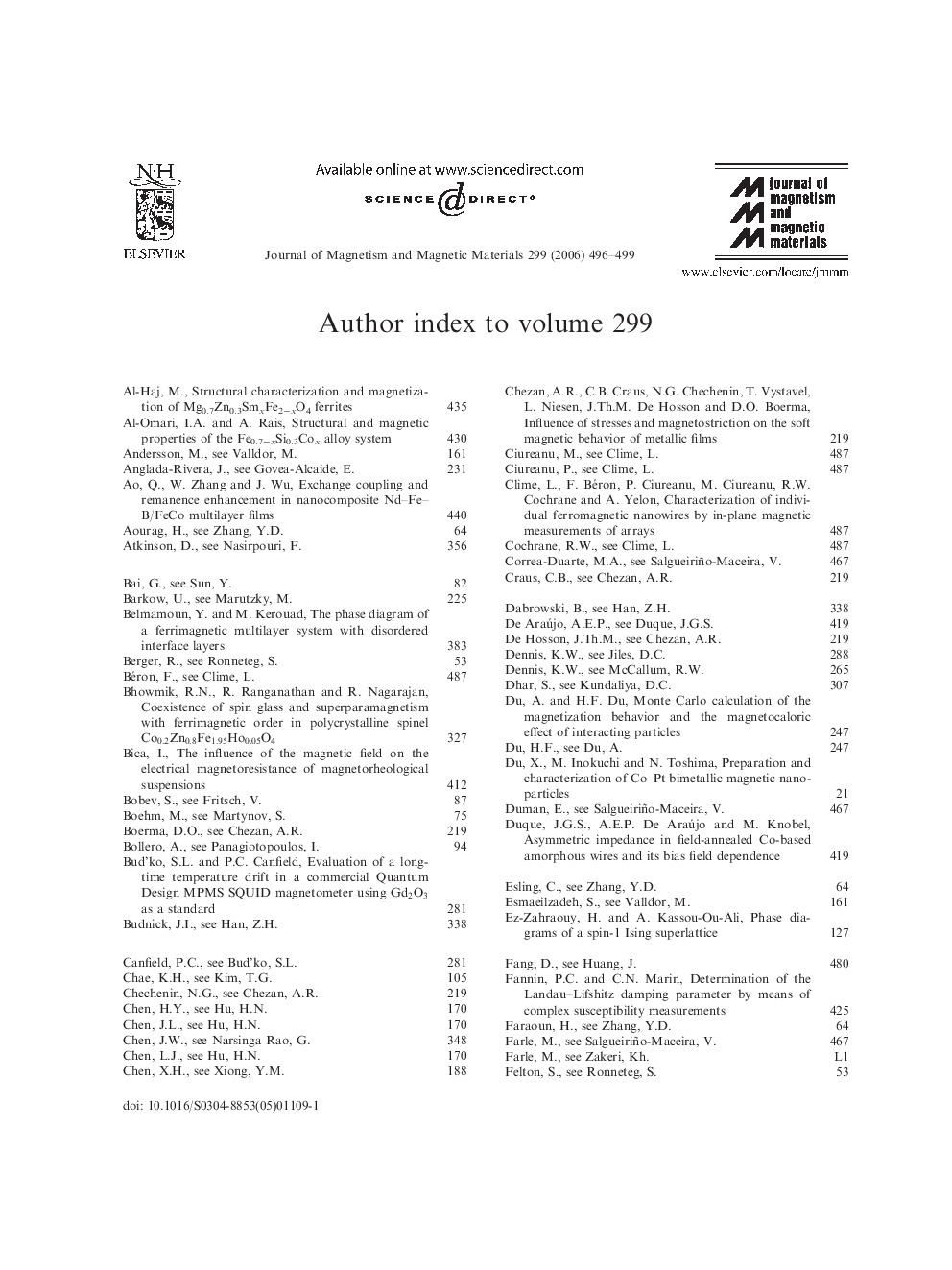 Author index to volume 299