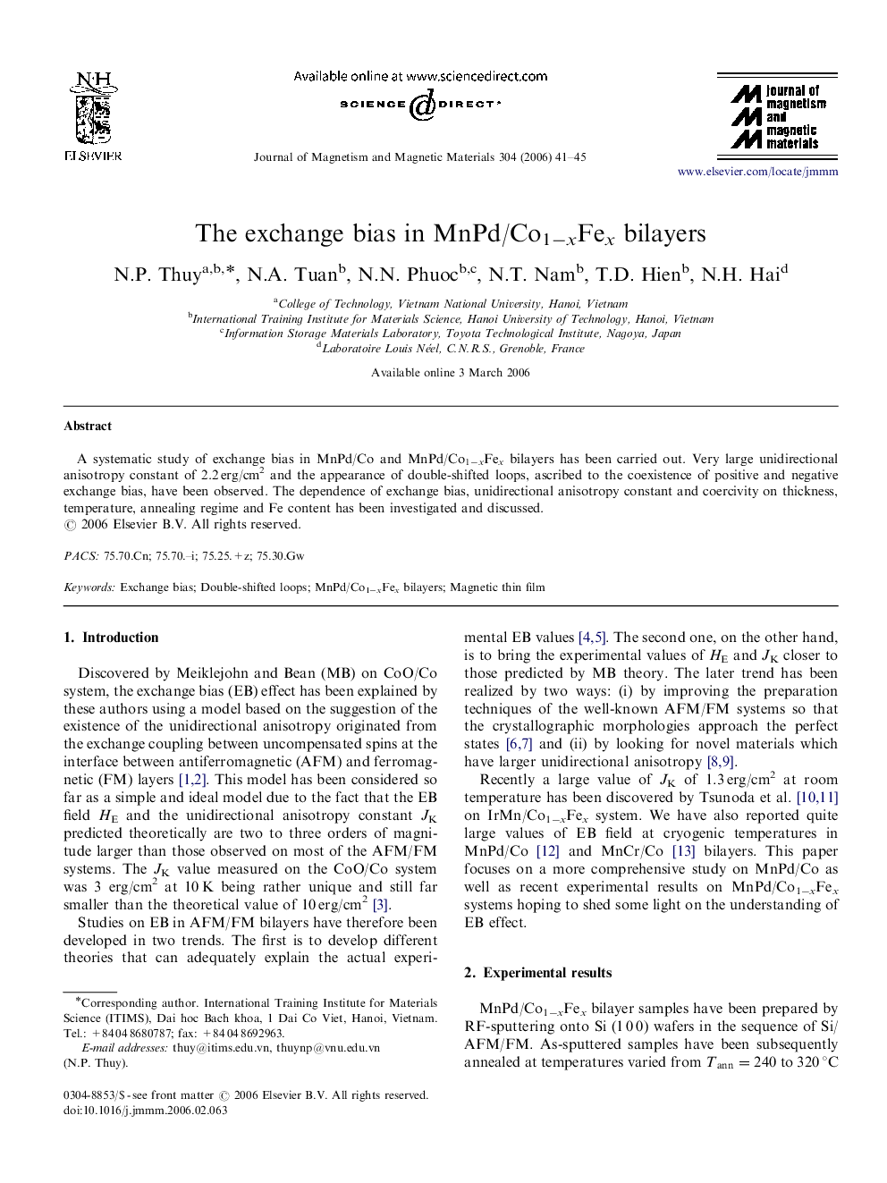 The exchange bias in MnPd/Co1âxFex bilayers