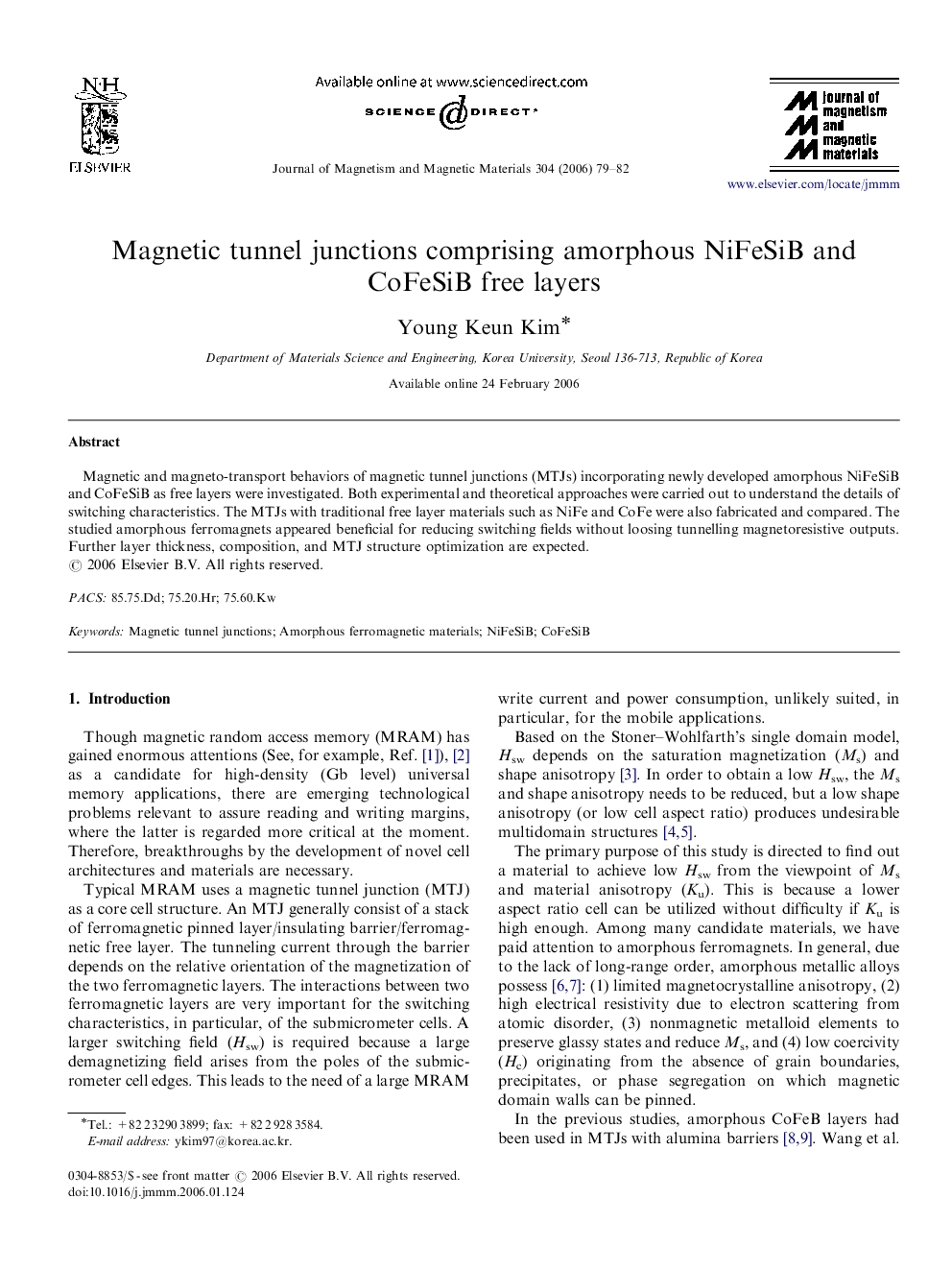 Magnetic tunnel junctions comprising amorphous NiFeSiB and CoFeSiB free layers