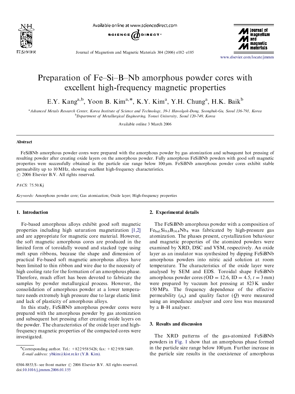 Preparation of Fe–Si–B–Nb amorphous powder cores with excellent high-frequency magnetic properties