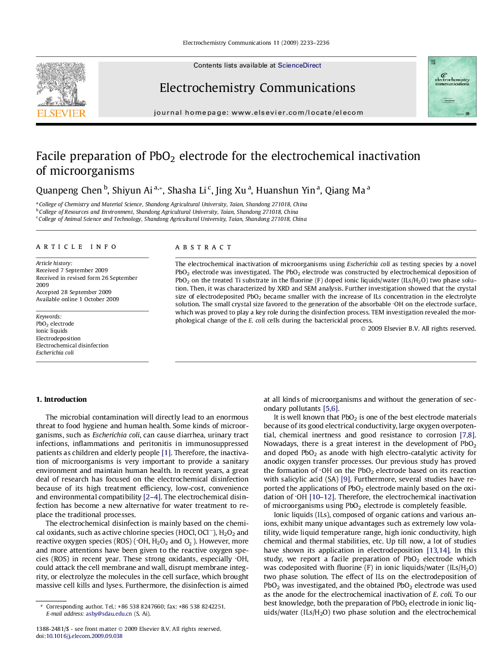 Facile preparation of PbO2 electrode for the electrochemical inactivation of microorganisms