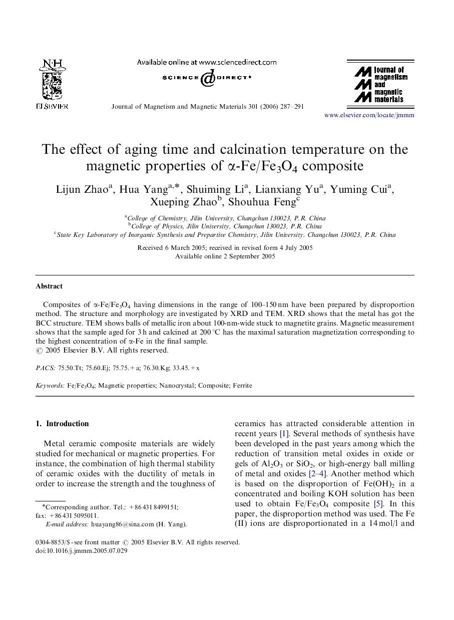 The effect of aging time and calcination temperature on the magnetic properties of α-Fe/Fe3O4 composite