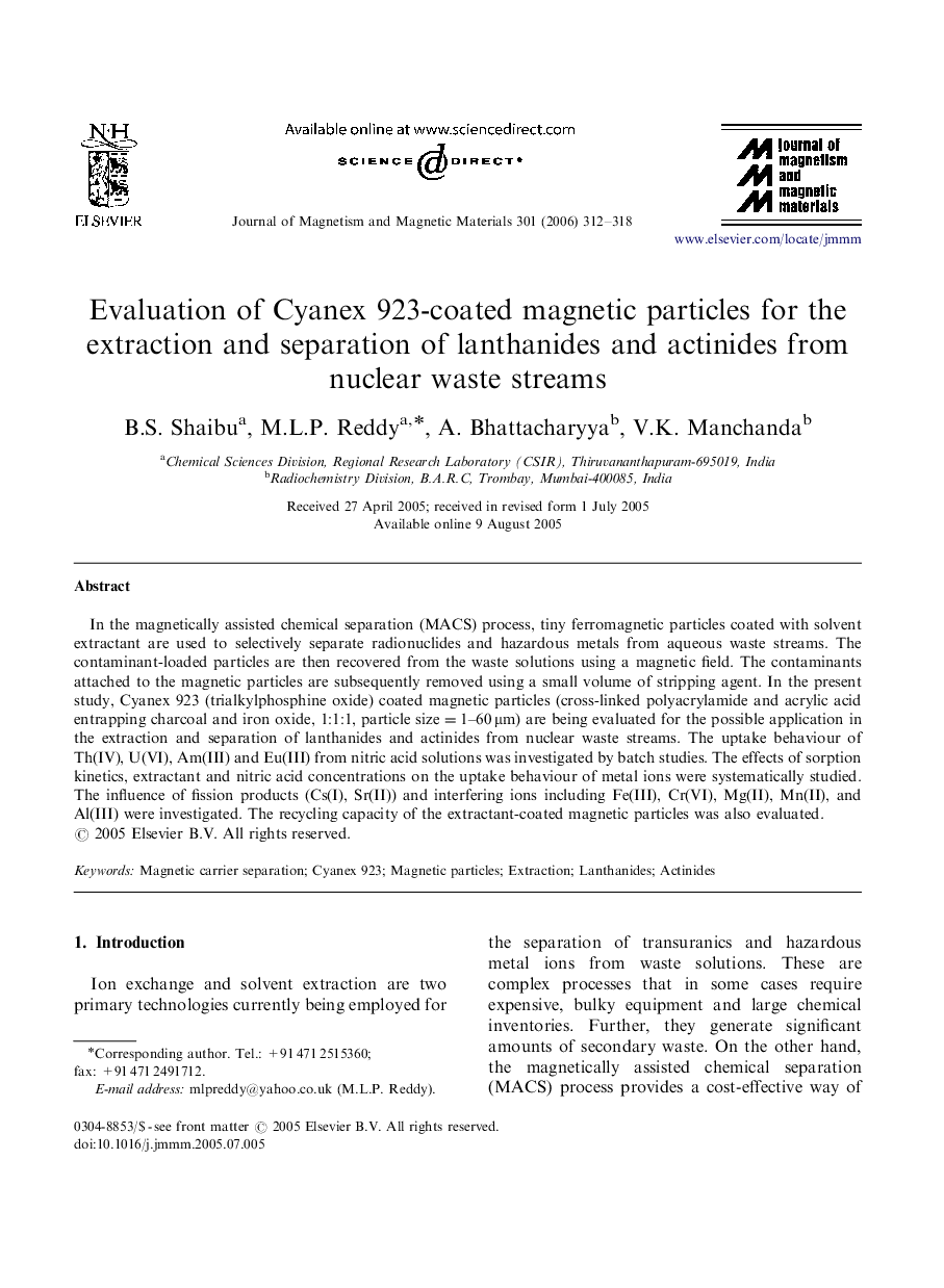 Evaluation of Cyanex 923-coated magnetic particles for the extraction and separation of lanthanides and actinides from nuclear waste streams