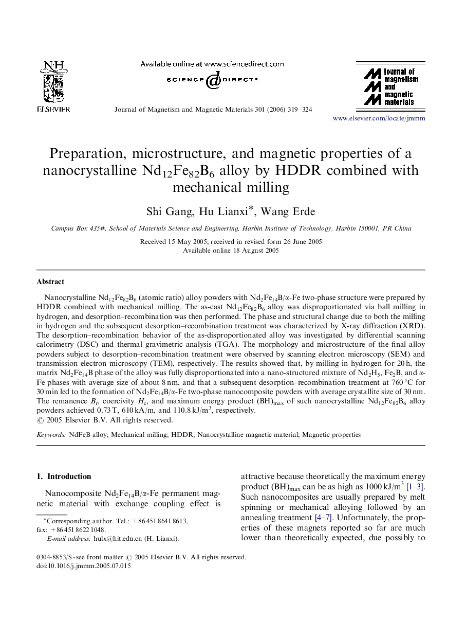 Preparation, microstructure, and magnetic properties of a nanocrystalline Nd12Fe82B6 alloy by HDDR combined with mechanical milling