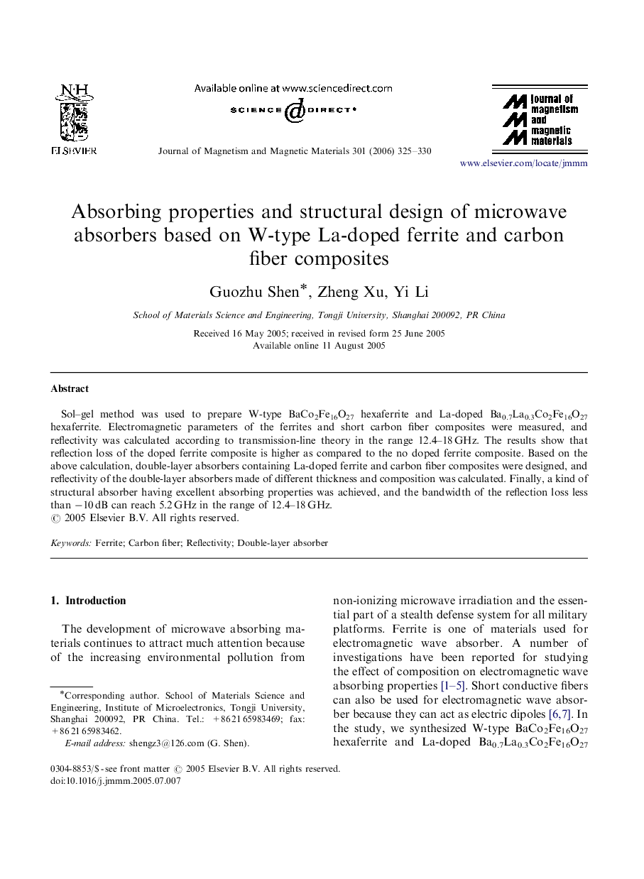 Absorbing properties and structural design of microwave absorbers based on W-type La-doped ferrite and carbon fiber composites