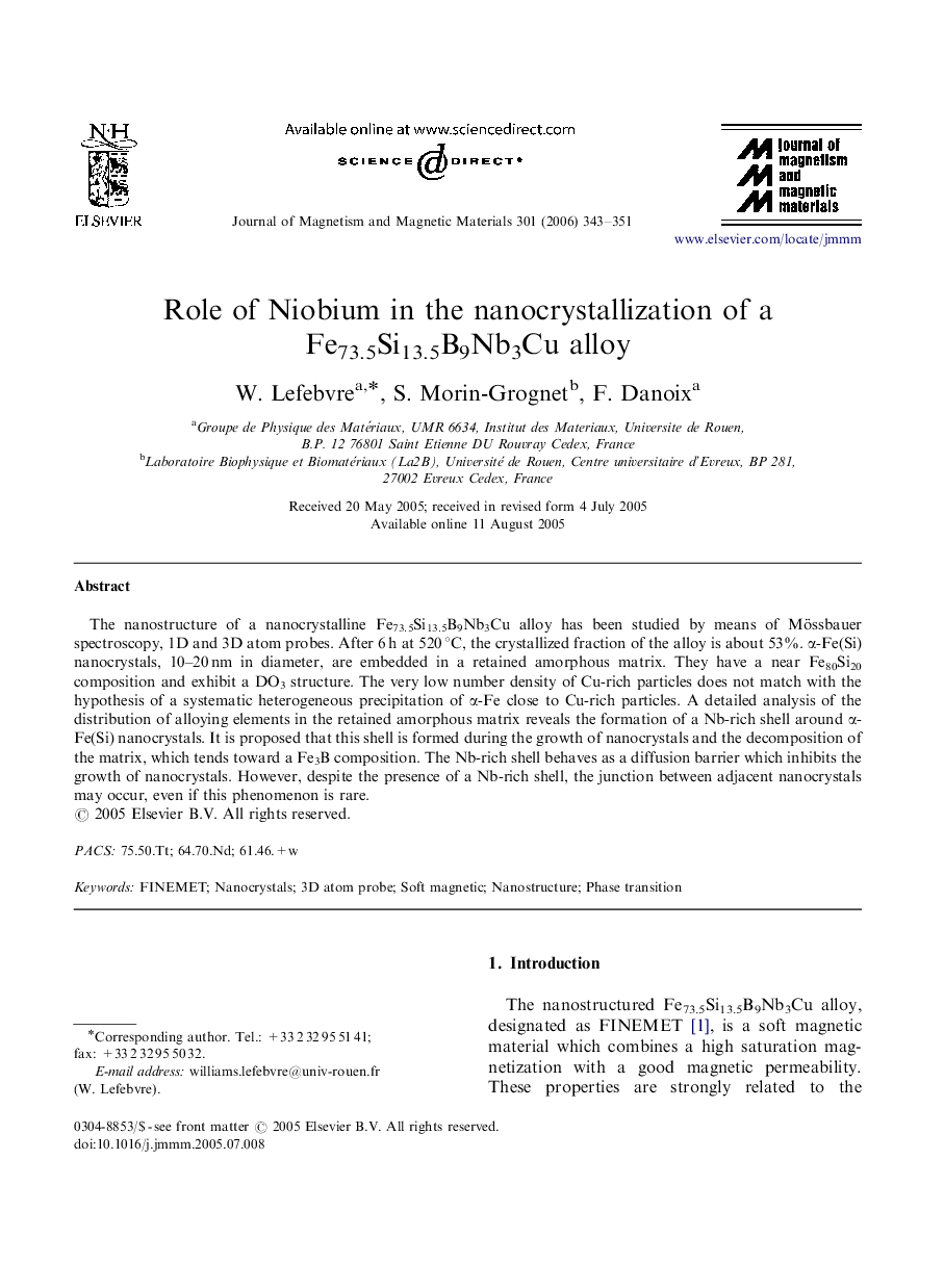 Role of Niobium in the nanocrystallization of a Fe73.5Si13.5B9Nb3Cu alloy