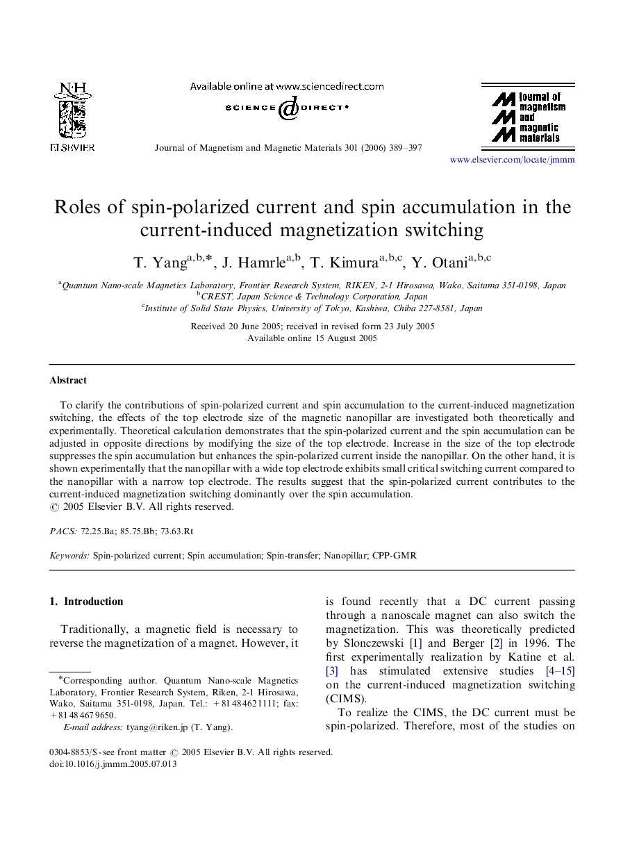 Roles of spin-polarized current and spin accumulation in the current-induced magnetization switching