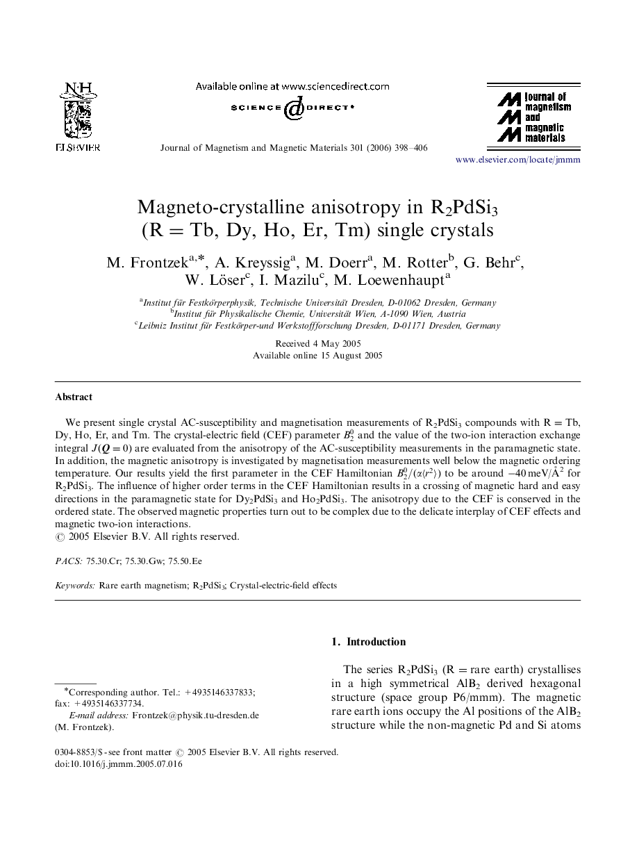 Magneto-crystalline anisotropy in R2PdSi3 (R=Tb, Dy, Ho, Er, Tm) single crystals