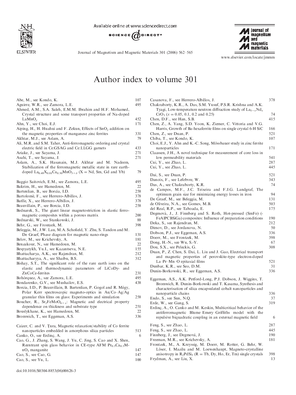 Author index to volume 301