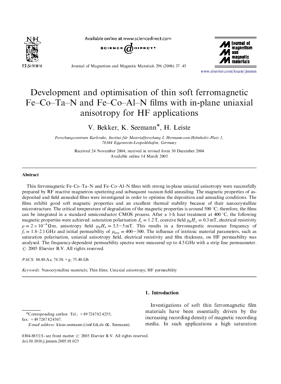 Development and optimisation of thin soft ferromagnetic Fe–Co–Ta–N and Fe–Co–Al–N films with in-plane uniaxial anisotropy for HF applications