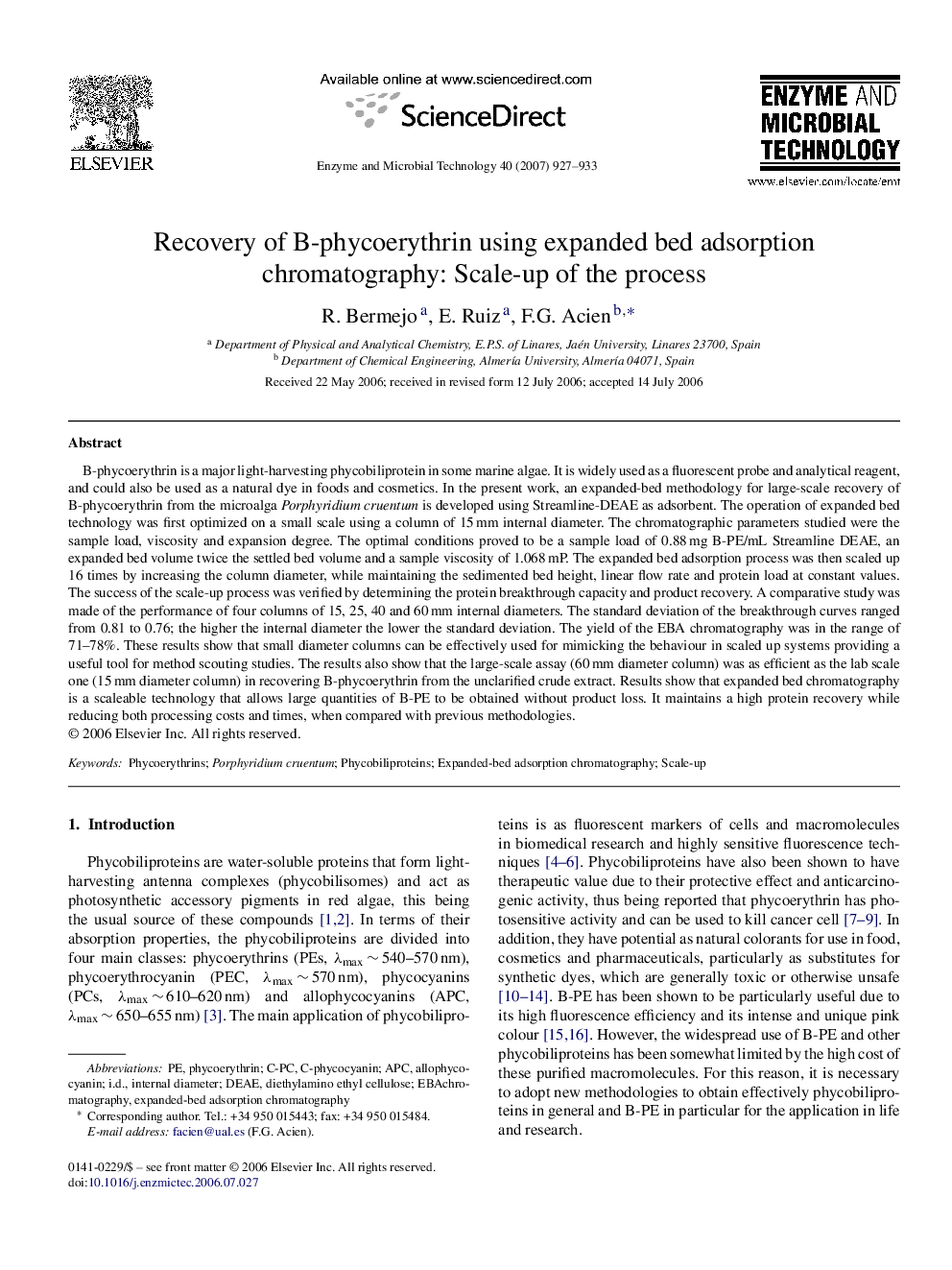 Recovery of B-phycoerythrin using expanded bed adsorption chromatography: Scale-up of the process