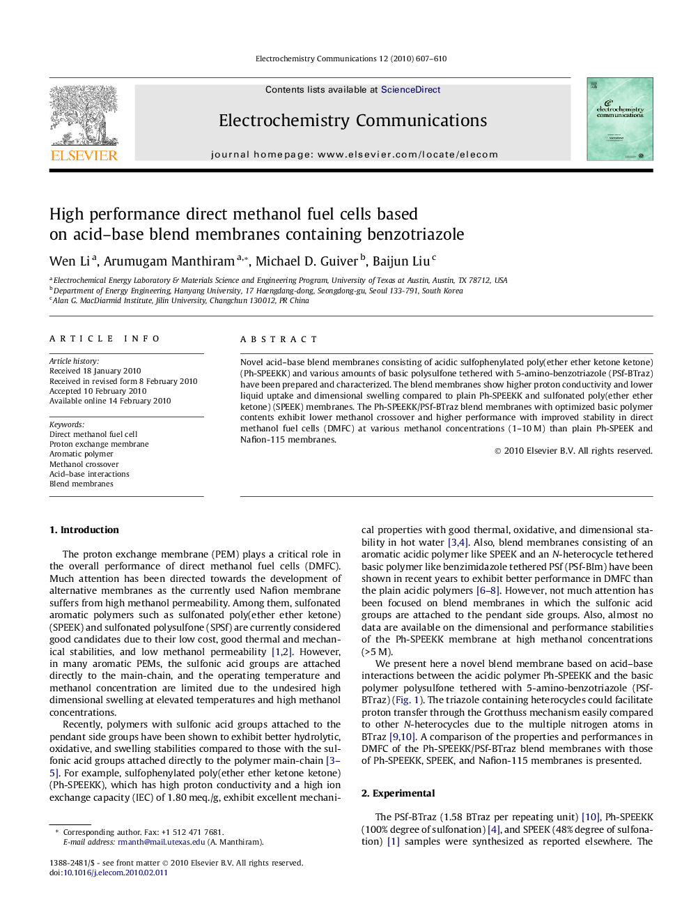 High performance direct methanol fuel cells based on acid–base blend membranes containing benzotriazole