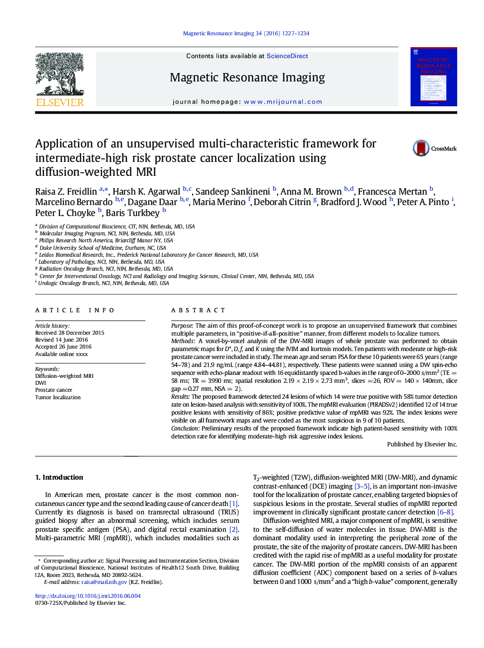 Application of an unsupervised multi-characteristic framework for intermediate-high risk prostate cancer localization using diffusion-weighted MRI