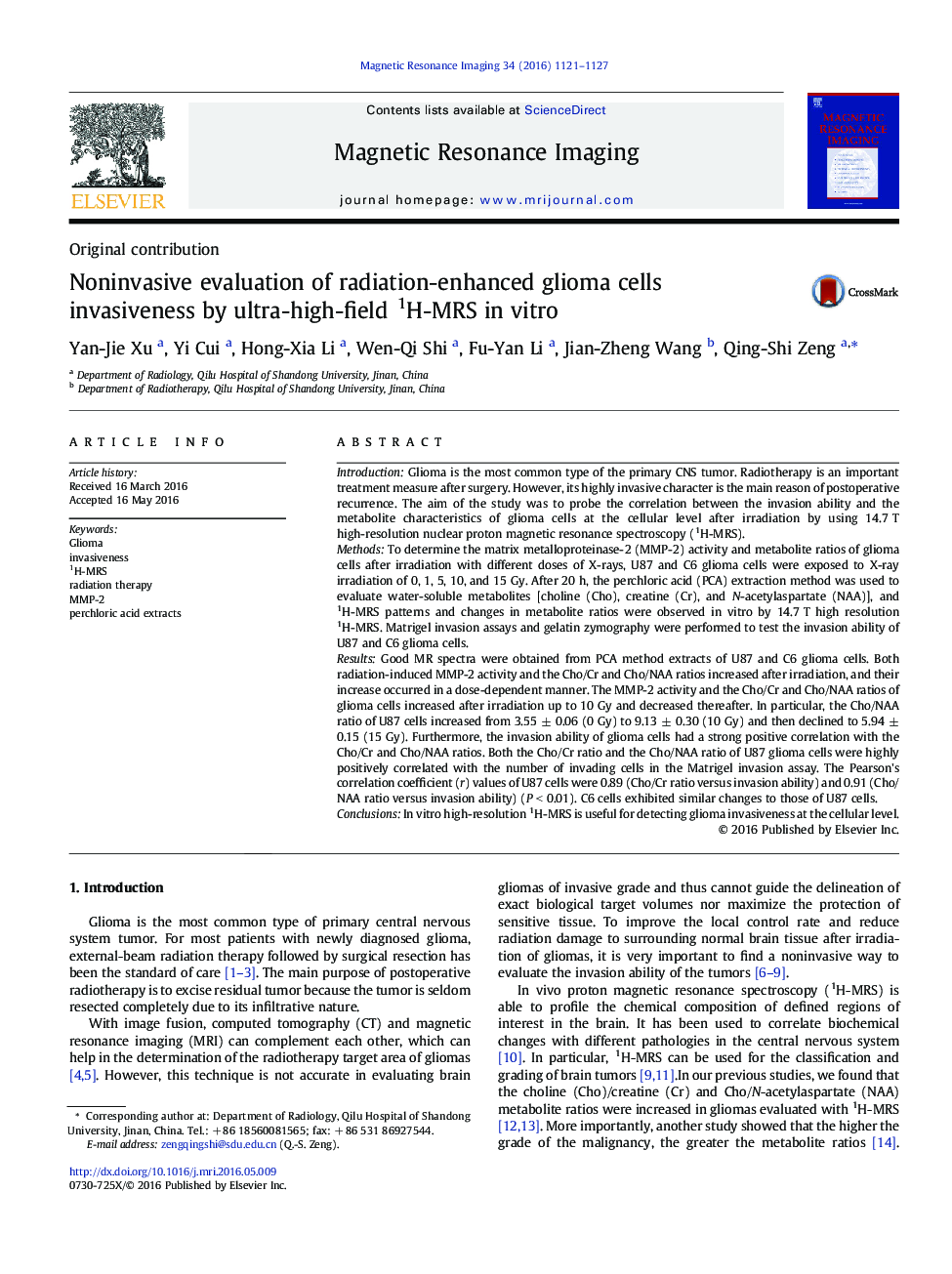 Noninvasive evaluation of radiation-enhanced glioma cells invasiveness by ultra-high-field 1H-MRS in vitro