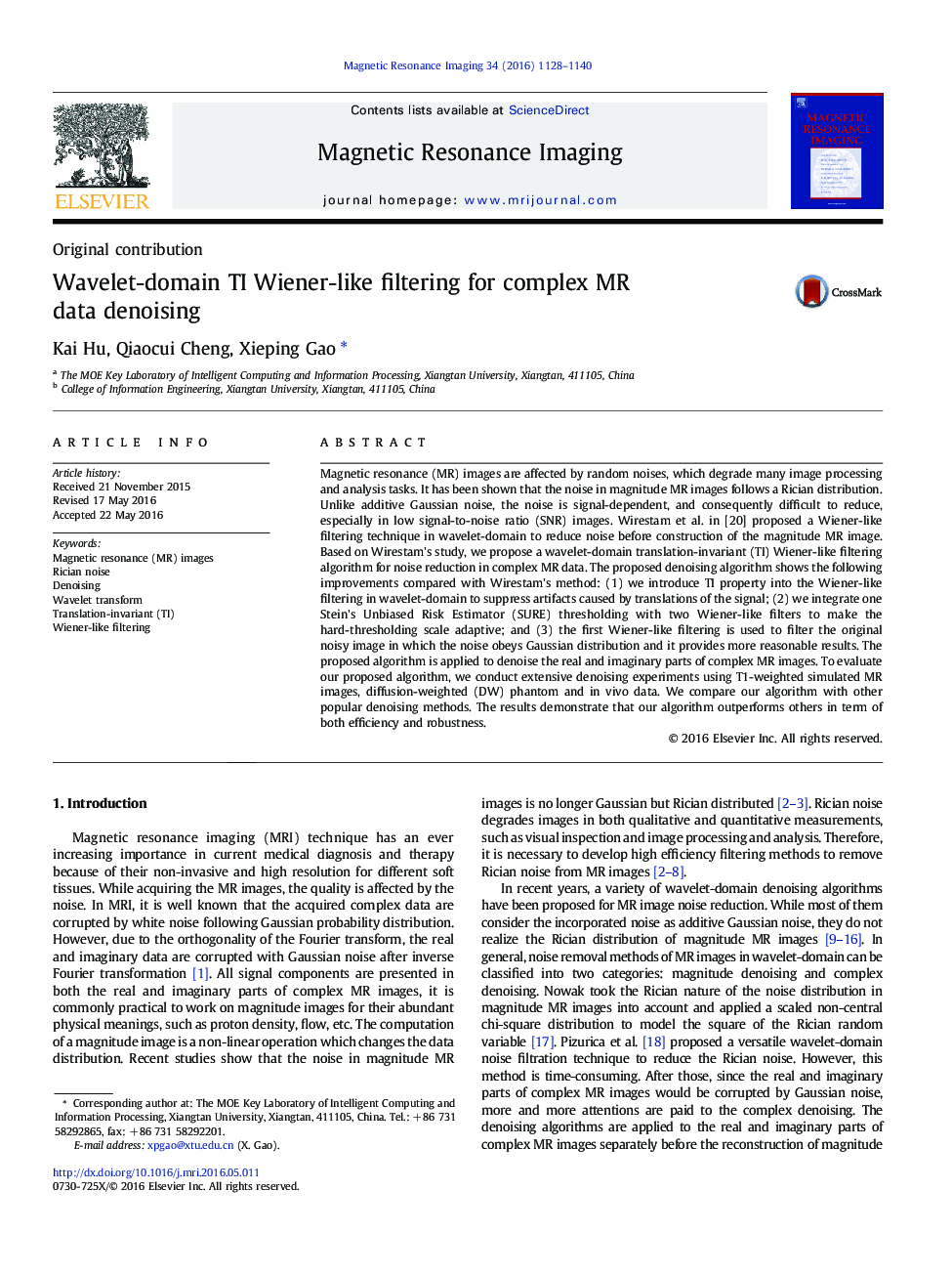 Wavelet-domain TI Wiener-like filtering for complex MR data denoising