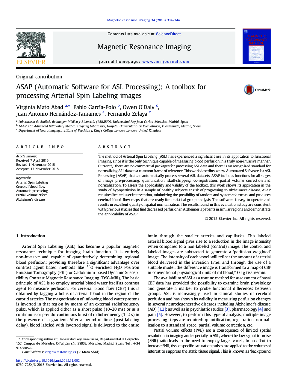 ASAP (Automatic Software for ASL Processing): A toolbox for processing Arterial Spin Labeling images