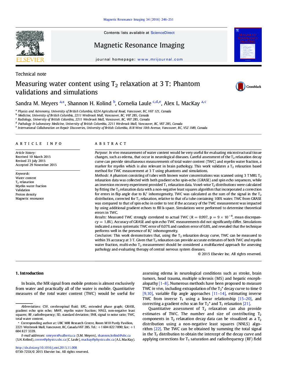 Measuring water content using T2 relaxation at 3Â T: Phantom validations and simulations