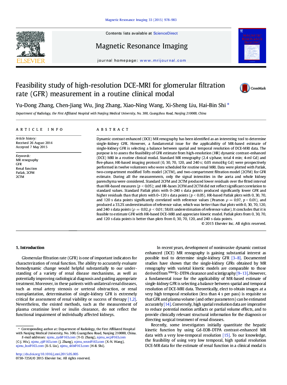 Feasibility study of high-resolution DCE-MRI for glomerular filtration rate (GFR) measurement in a routine clinical modal