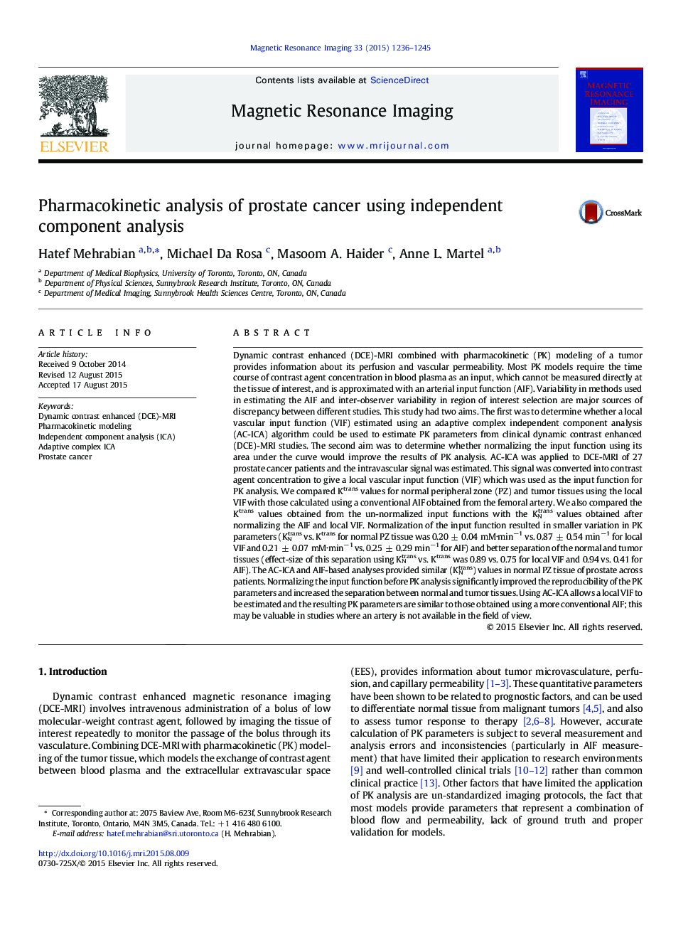 Pharmacokinetic analysis of prostate cancer using independent component analysis