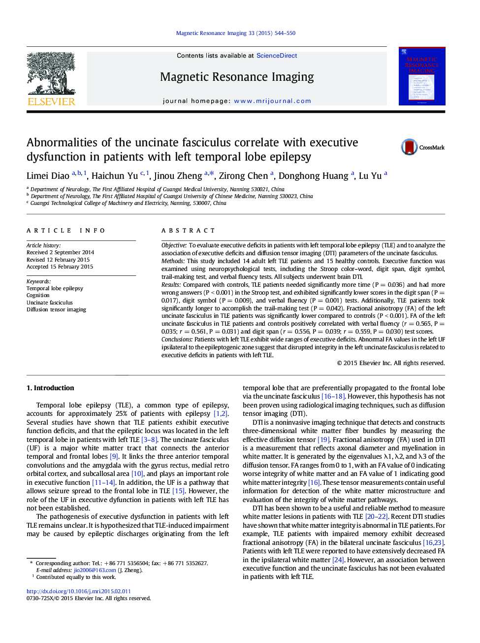 Abnormalities of the uncinate fasciculus correlate with executive dysfunction in patients with left temporal lobe epilepsy