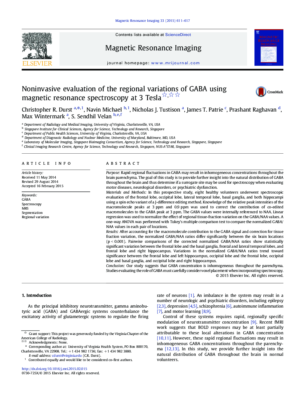 Noninvasive evaluation of the regional variations of GABA using magnetic resonance spectroscopy at 3 Tesla 