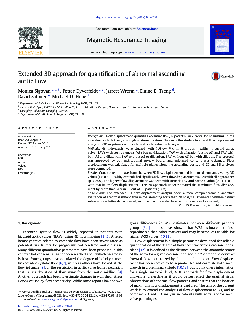 Extended 3D approach for quantification of abnormal ascending aortic flow