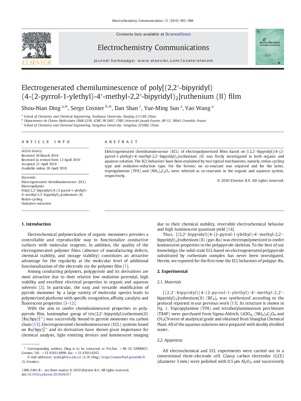 Electrogenerated chemiluminescence of poly[(2,2′-bipyridyl)(4-(2-pyrrol-1-ylethyl)-4′-methyl-2,2′-bipyridyl)2]ruthenium (II) film