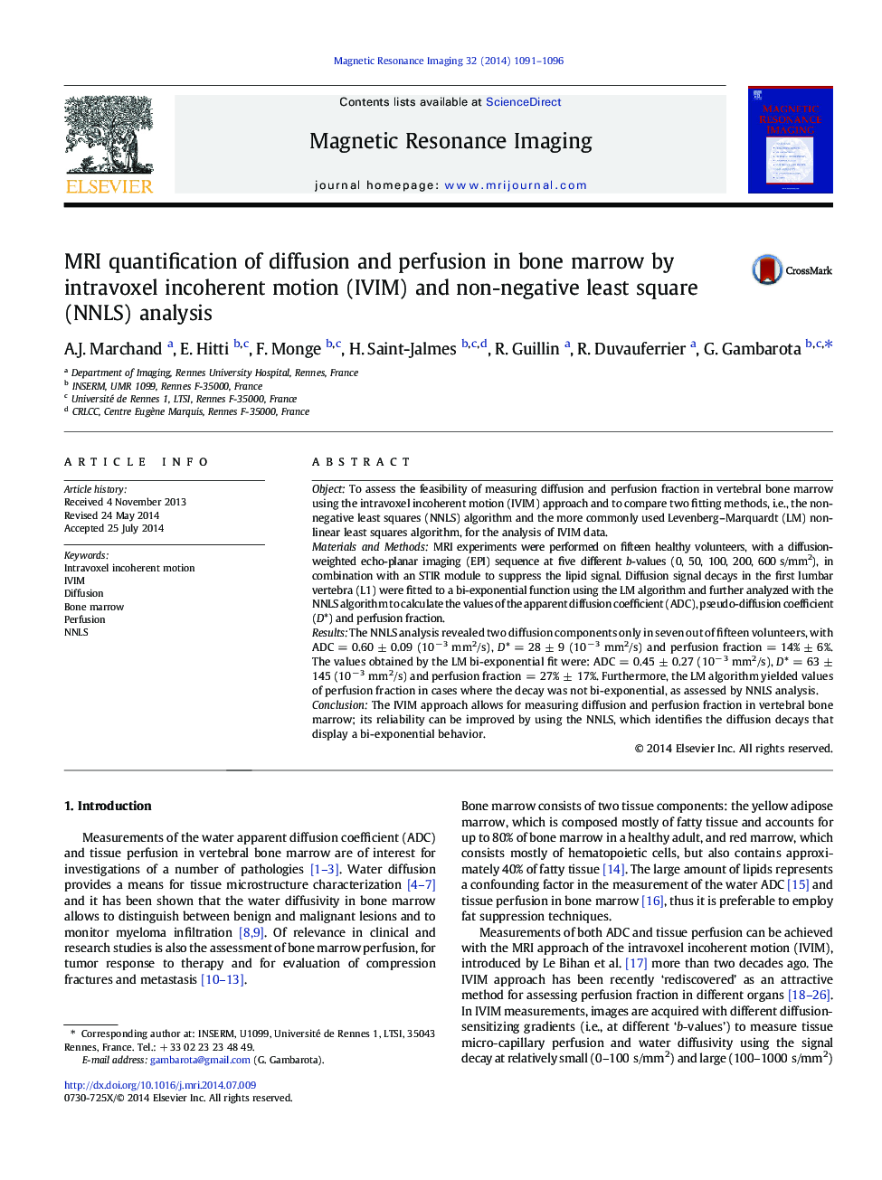 MRI quantification of diffusion and perfusion in bone marrow by intravoxel incoherent motion (IVIM) and non-negative least square (NNLS) analysis