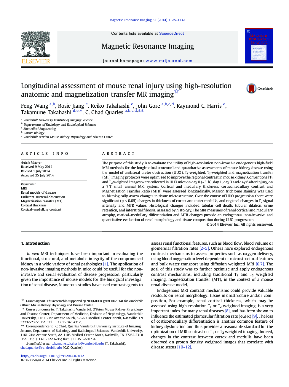 Longitudinal assessment of mouse renal injury using high-resolution anatomic and magnetization transfer MR imaging 