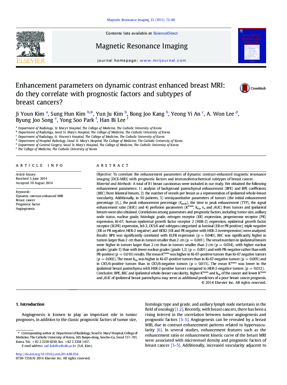 عکس صفحه اول مقاله: Enhancement parameters on dynamic contrast enhanced breast MRI: do they correlate with prognostic factors and subtypes of breast cancers? Enhancement parameters on dynamic contrast enhanced breast MRI: do they correlate with prognostic factors and subtypes of breast cancers?