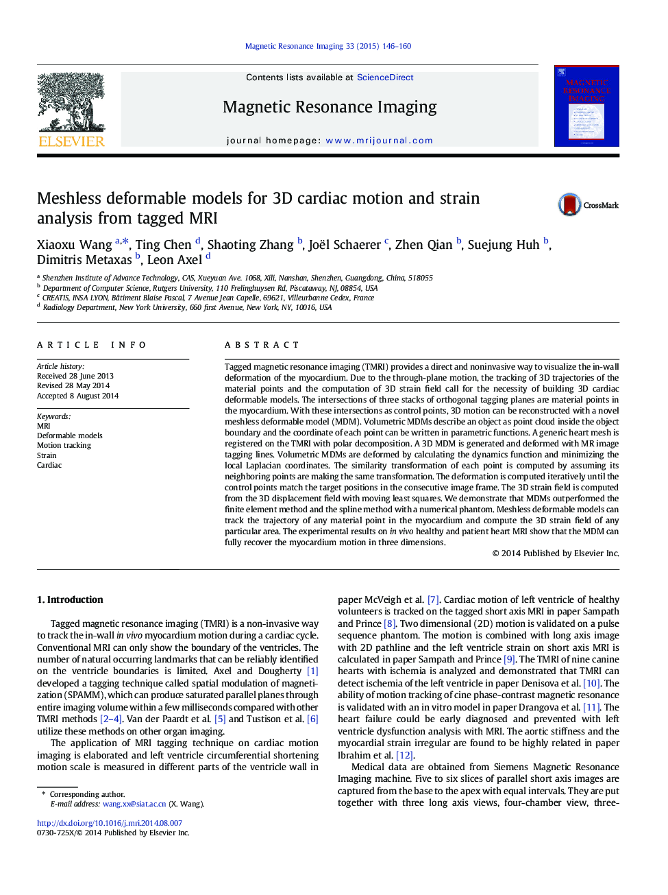 Meshless deformable models for 3D cardiac motion and strain analysis from tagged MRI