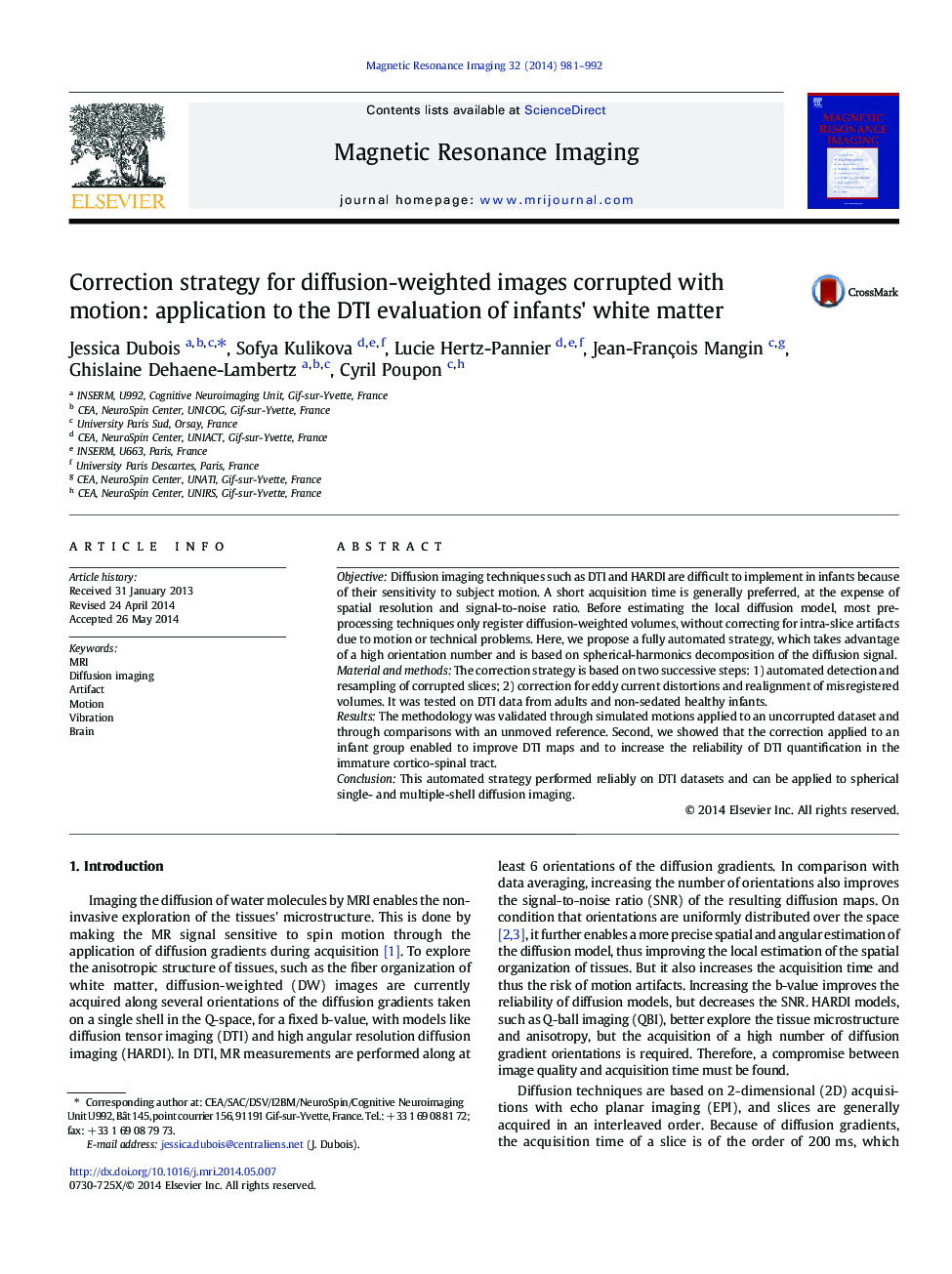 Correction strategy for diffusion-weighted images corrupted with motion: application to the DTI evaluation of infants' white matter