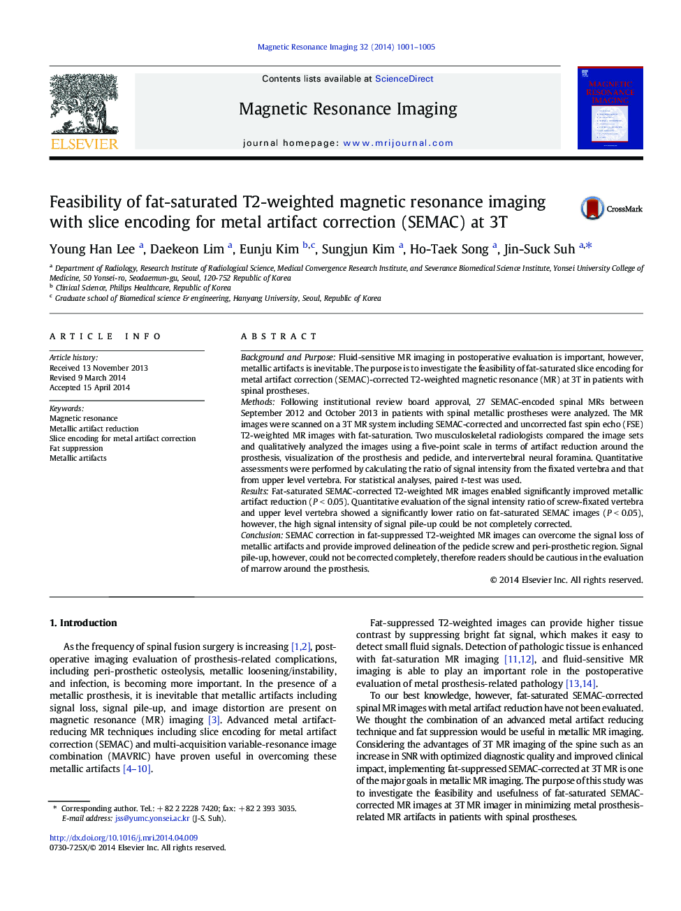 Feasibility of fat-saturated T2-weighted magnetic resonance imaging with slice encoding for metal artifact correction (SEMAC) at 3T