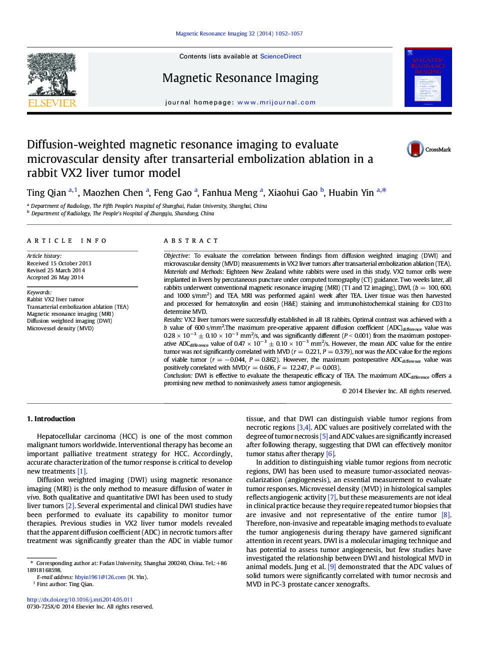 Diffusion-weighted magnetic resonance imaging to evaluate microvascular density after transarterial embolization ablation in a rabbit VX2 liver tumor model