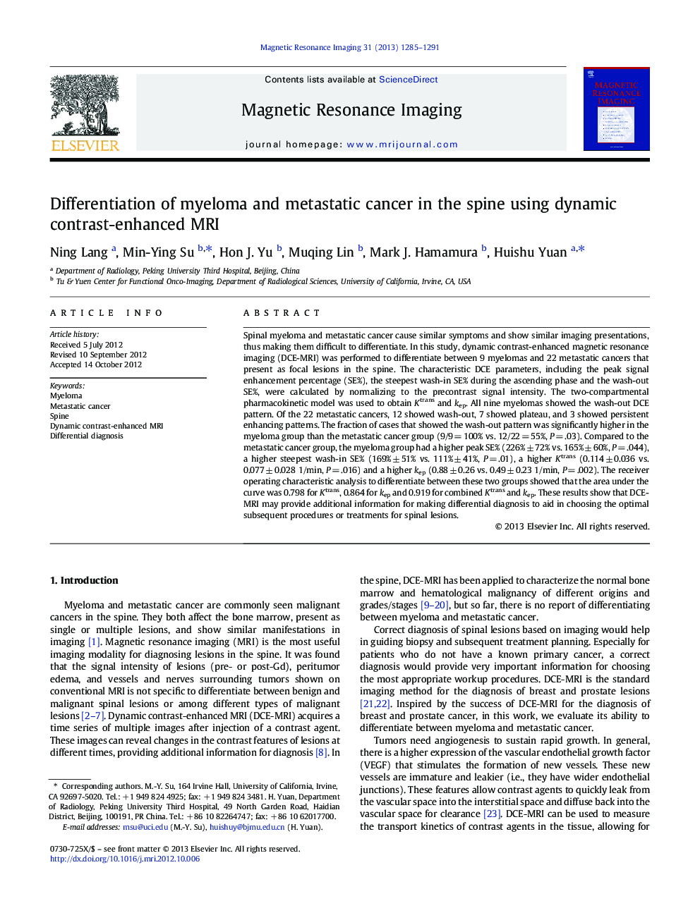 Differentiation of myeloma and metastatic cancer in the spine using dynamic contrast-enhanced MRI