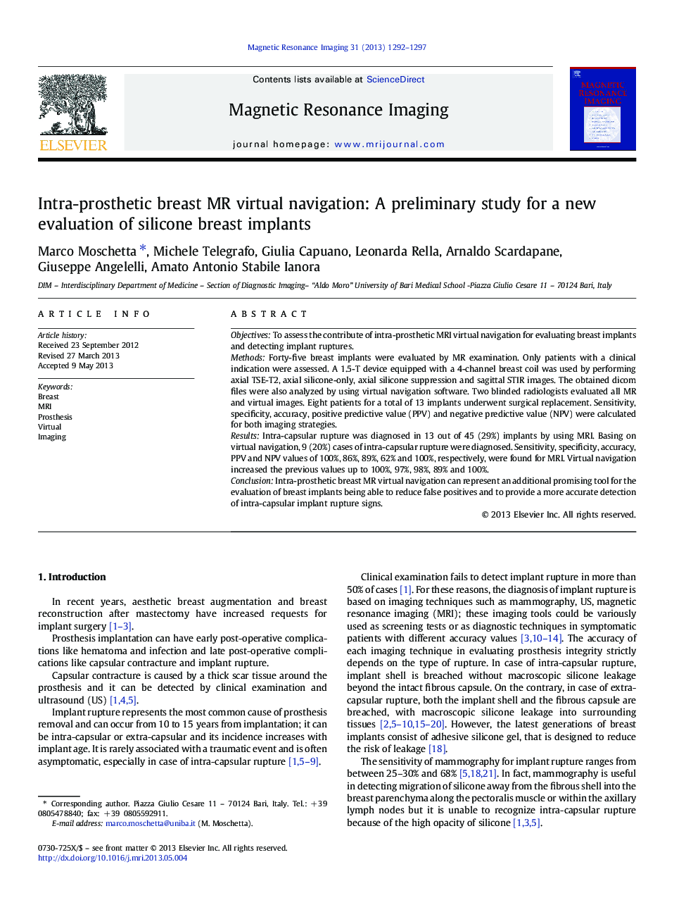 Intra-prosthetic breast MR virtual navigation: A preliminary study for a new evaluation of silicone breast implants