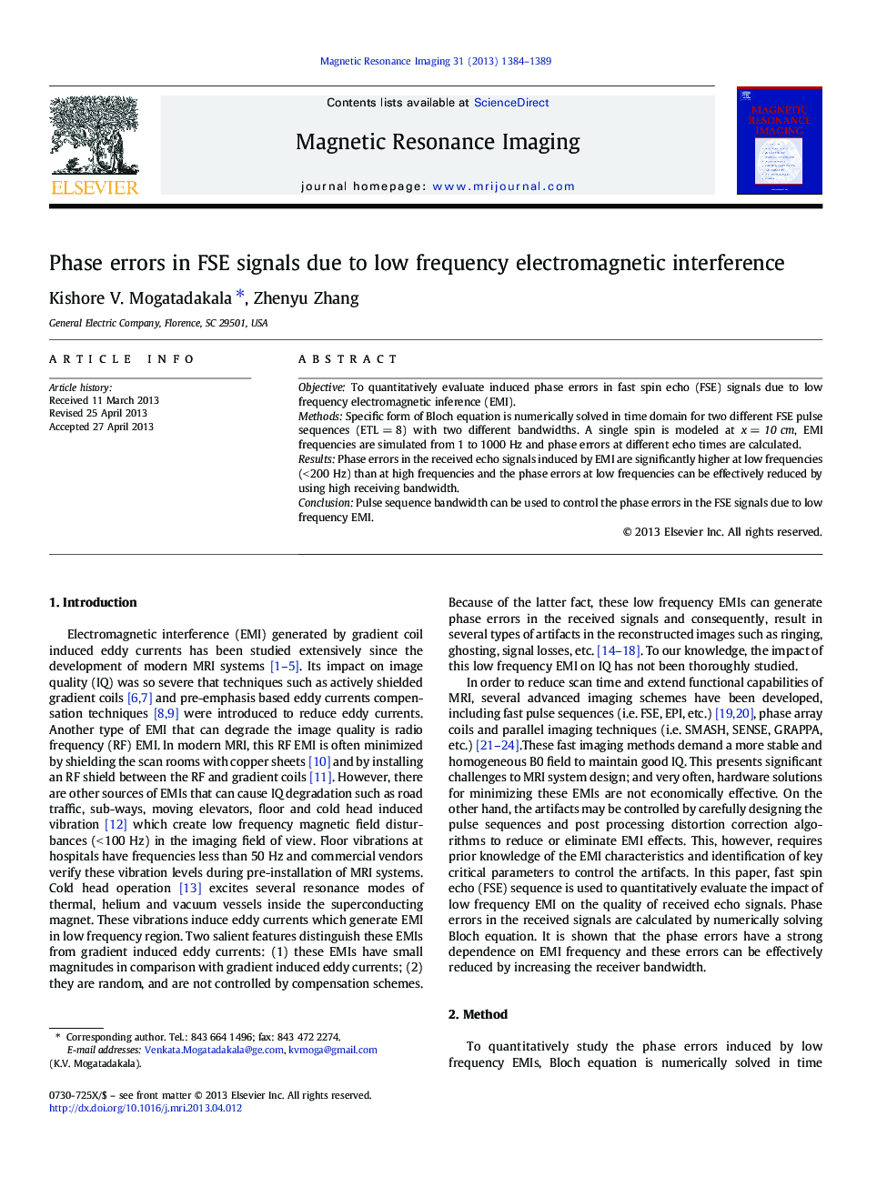 عکس صفحه اول مقاله: Phase errors in FSE signals due to low frequency electromagnetic interference Phase errors in FSE signals due to low frequency electromagnetic interference