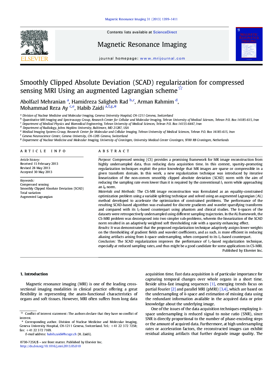 Smoothly Clipped Absolute Deviation (SCAD) regularization for compressed sensing MRI Using an augmented Lagrangian scheme 