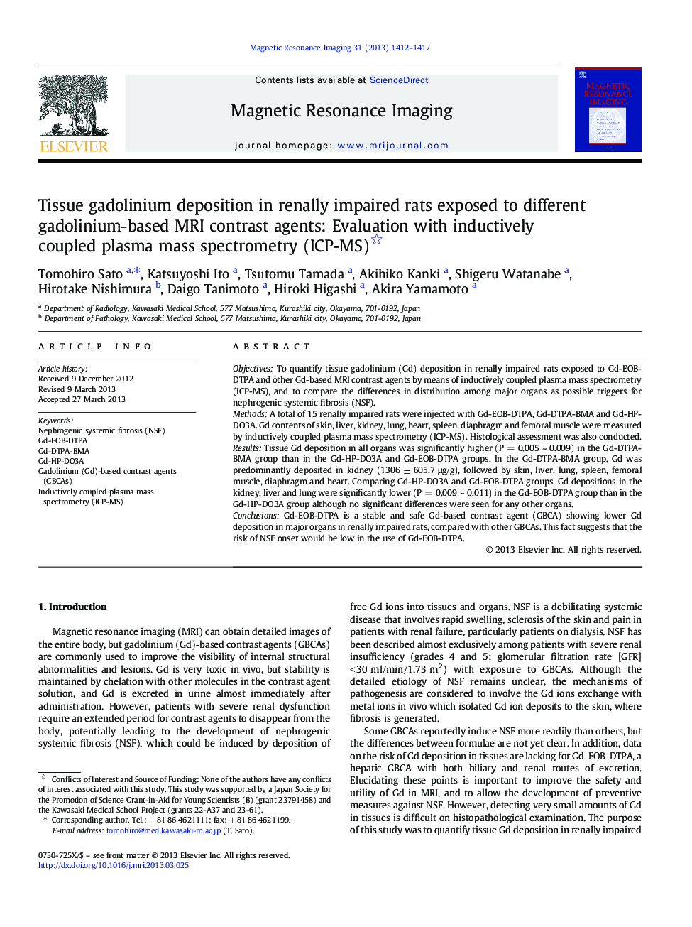 Tissue gadolinium deposition in renally impaired rats exposed to different gadolinium-based MRI contrast agents: Evaluation with inductively coupled plasma mass spectrometry (ICP-MS) 