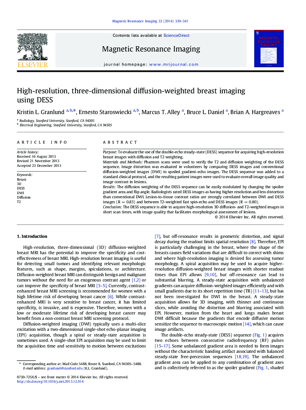 High-resolution, three-dimensional diffusion-weighted breast imaging using DESS