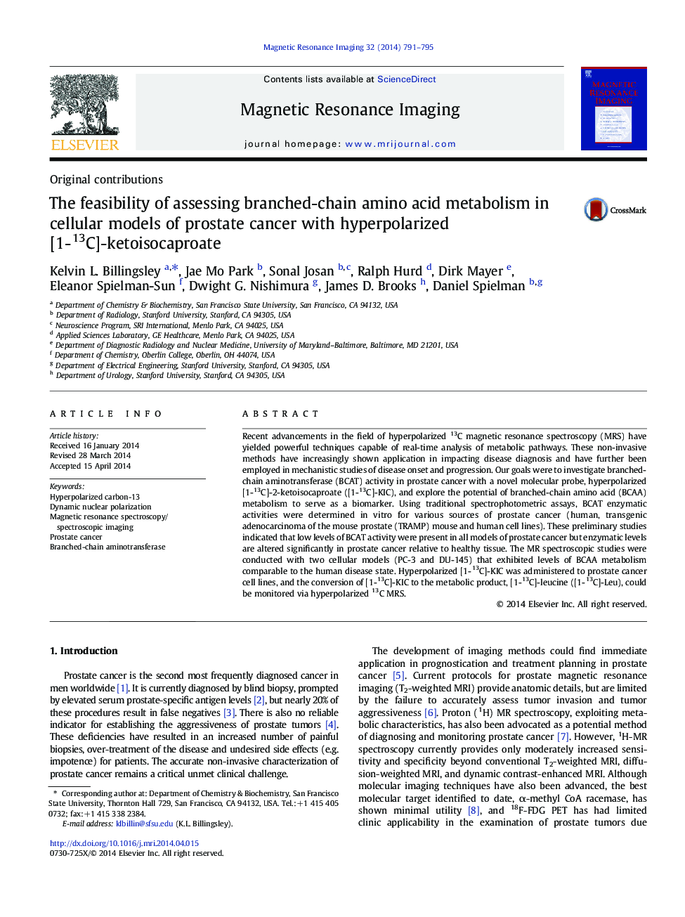 The feasibility of assessing branched-chain amino acid metabolism in cellular models of prostate cancer with hyperpolarized [1-13C]-ketoisocaproate