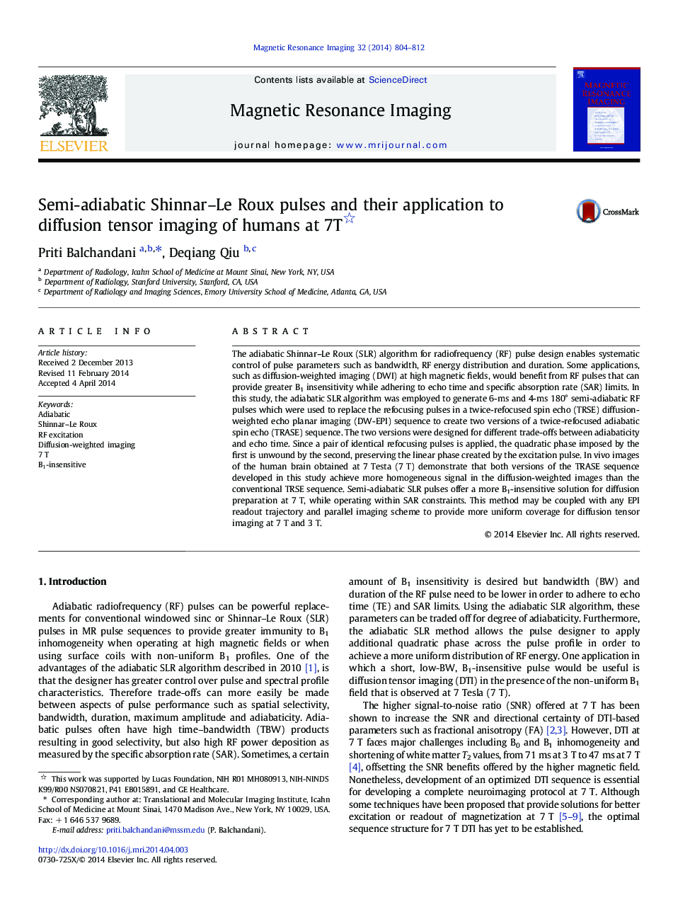 Semi-adiabatic Shinnar–Le Roux pulses and their application to diffusion tensor imaging of humans at 7T 