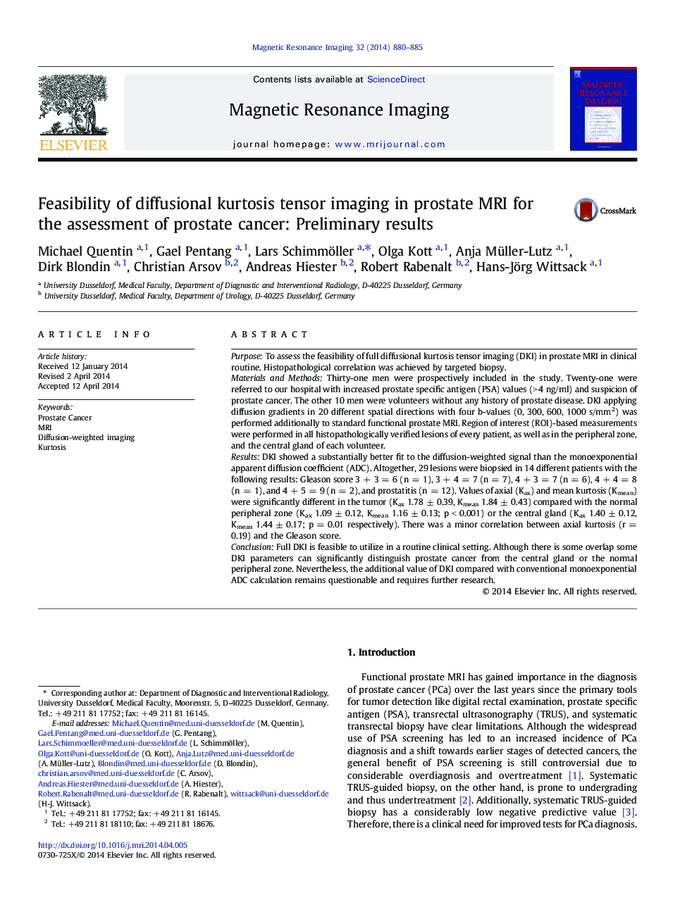 Feasibility of diffusional kurtosis tensor imaging in prostate MRI for the assessment of prostate cancer: Preliminary results