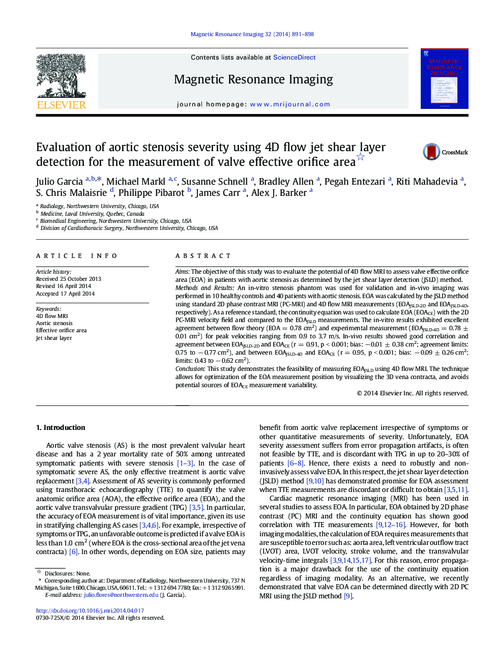 عکس صفحه اول مقاله: Evaluation of aortic stenosis severity using 4D flow jet shear layer detection for the measurement of valve effective orifice area Evaluation of aortic stenosis severity using 4D flow jet shear layer detection for the measurement of valve effective orifice area