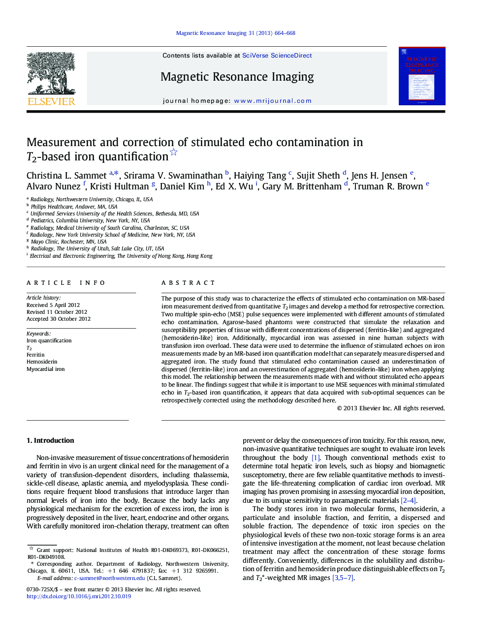 Measurement and correction of stimulated echo contamination in T2-based iron quantification 