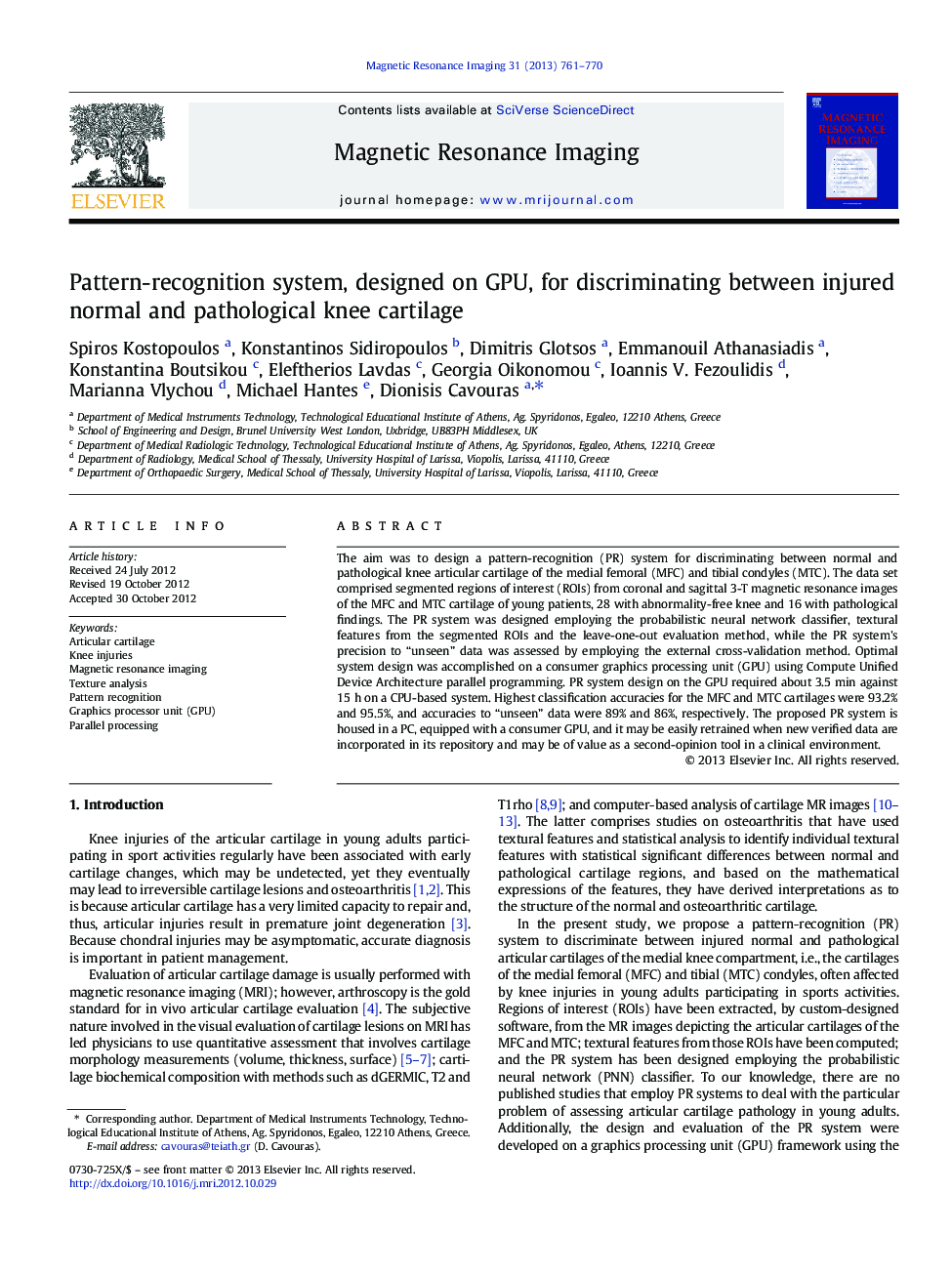 Pattern-recognition system, designed on GPU, for discriminating between injured normal and pathological knee cartilage